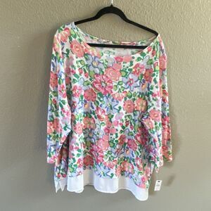 TALBOTS Tunic Womens 3X White  Floral Scoop Neck Blouse Chiffon Hem NEW